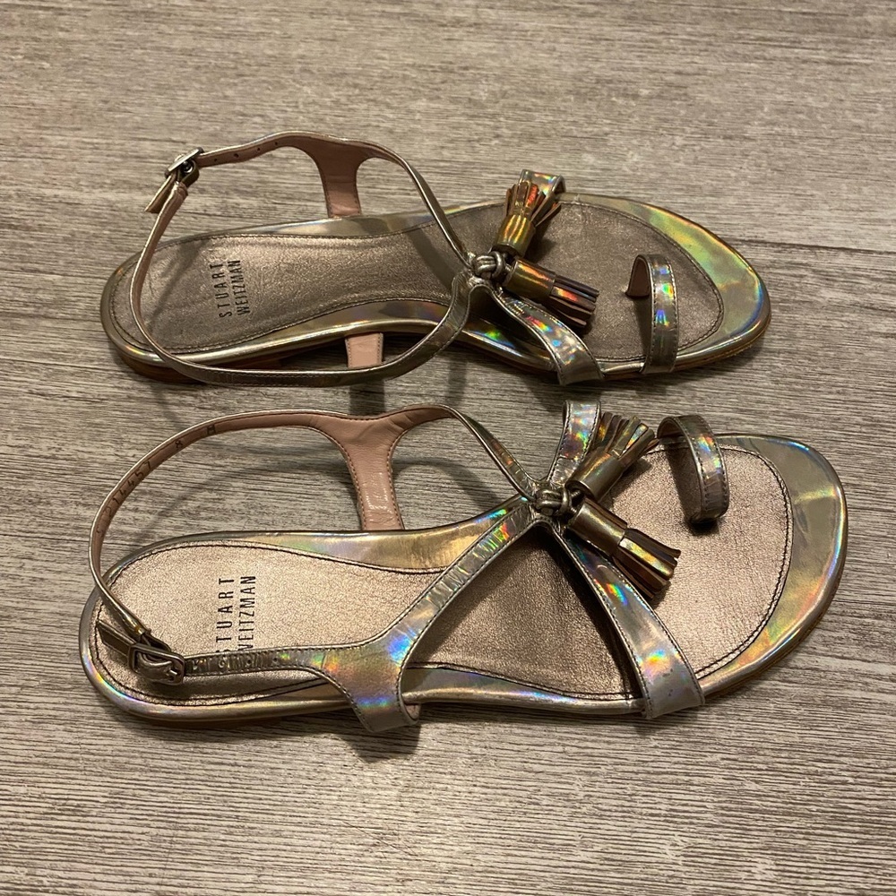 Stuart Weitzman pewter size 8M sandals W toe hold and back strap. Has tassels - Picture 7 of 13